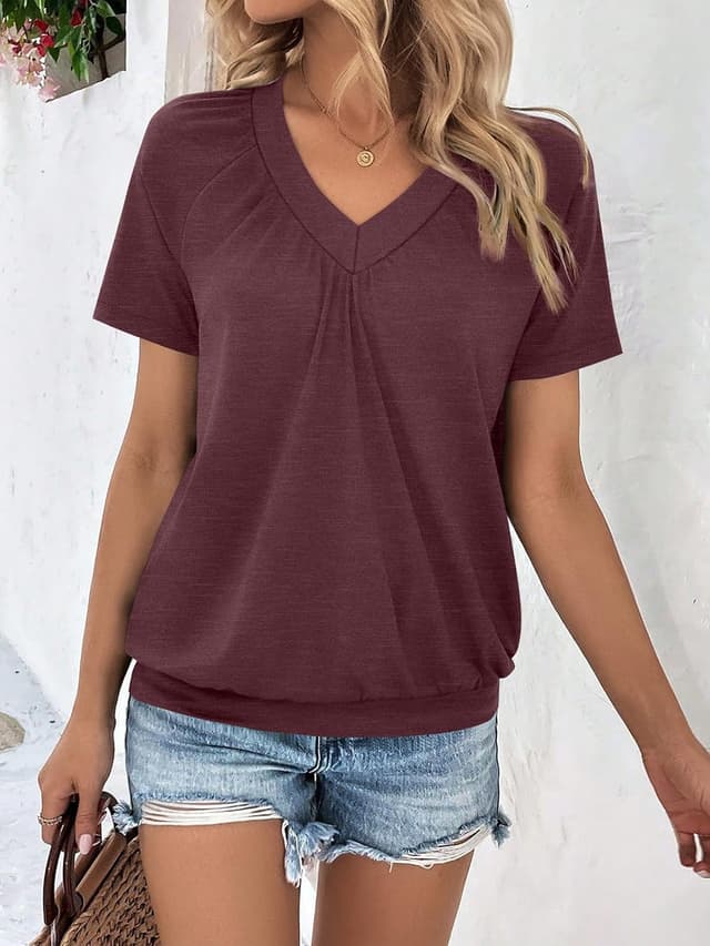 Detalle de AUTOMET Women’s Ruched V-Neck Short-Sleeve Top for Spring & Summer