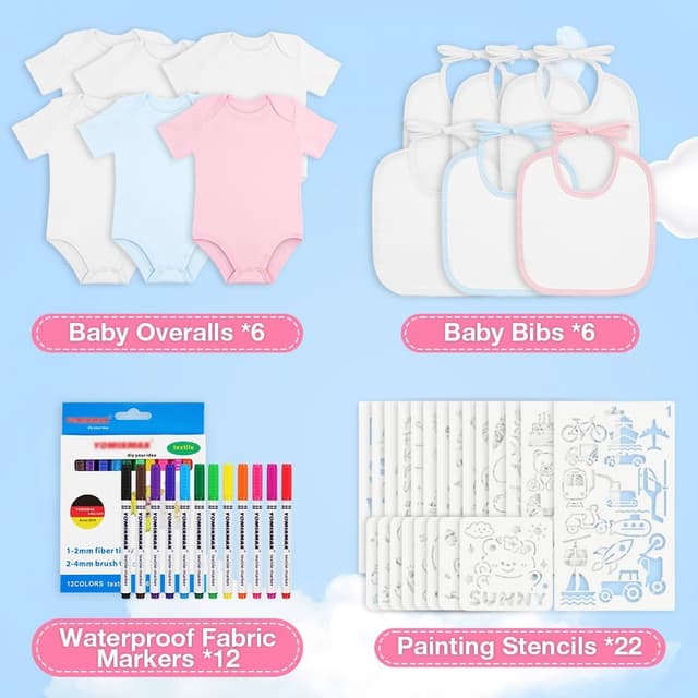 Detalle de Aolso baby painting bibs set (6 bibs, 6 bodysuits) with textile pens and stencils for 6–9 months