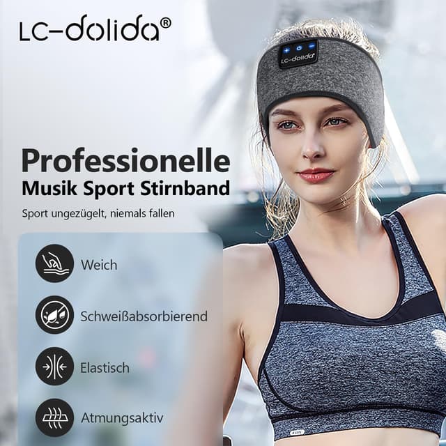 Detalle de LC-dolida Schlafkopfhörer Bluetooth 5.4 – Stirnband zum Schlafen, Musik & Training (Grau)