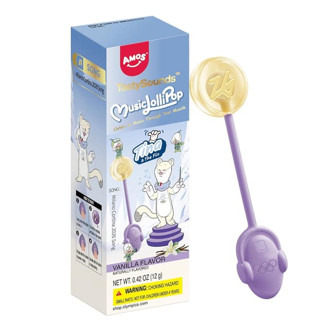 Detalle de AMOS Lutscher Audio Lollipop „Sing-Lutscher“ mit Musik, Vanille – zuckerfrei, glutenfrei, 1 Stück