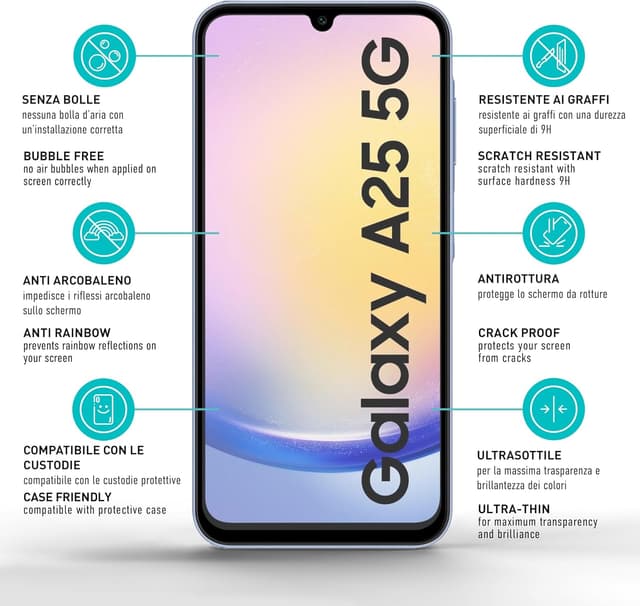 Detalle de smartect Vetro Temperato Full Screen opaco (2 pezzi) per Samsung Galaxy A25 5G / A15 4G e 5G, senza bolle