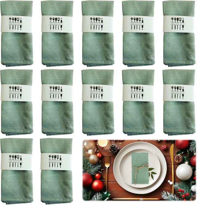 Detalle de Yuragim Stoffservietten Salbeigrün im 12er-Set (Leinen, 40 x 40 cm) – waschbare Stoffservietten für Tischdeko