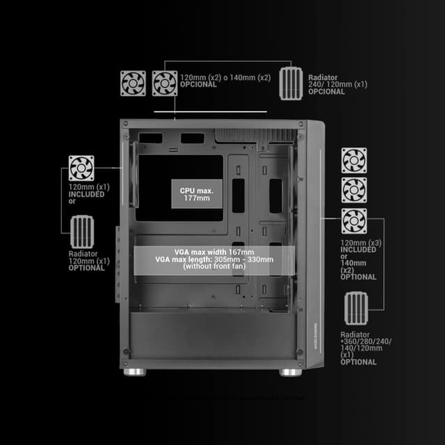 Detalle 2 de Mars Gaming MC-F semitower ATX gaming con vetro temperato, frontale metal-mesh e 4 ventole ARGB 120 mm