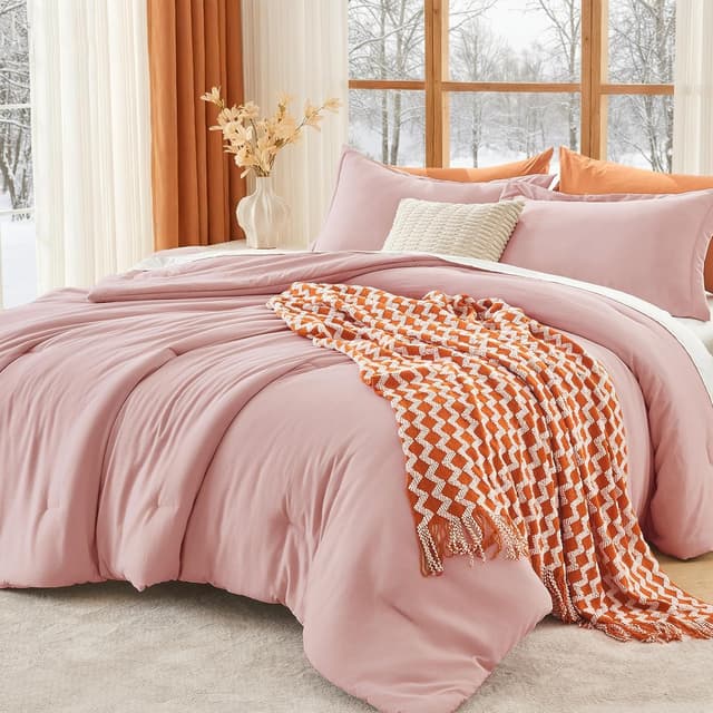 Detalle de MUXHOMO Queen Comforter Set (90"x90") with Down Alternative Fill, Rose Gold, 3-Piece Lightweight Bedding