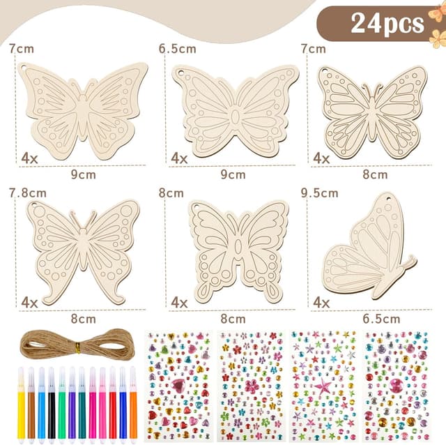 Detalle 2 de ARTREE Kinder Bastelset Ostern Schmetterlinge zum Bemalen – 24 Holz-Anhänger DIY-Set