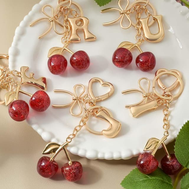 Detalle 2 de Snylcce Pink Cherry Bow A-Z Initial Keychain with Crystal Accent