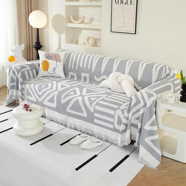 Detalle de Royhom Housse de canapé d’angle 3 places en chenille grise claire (180x340 cm) avec glands décoratifs