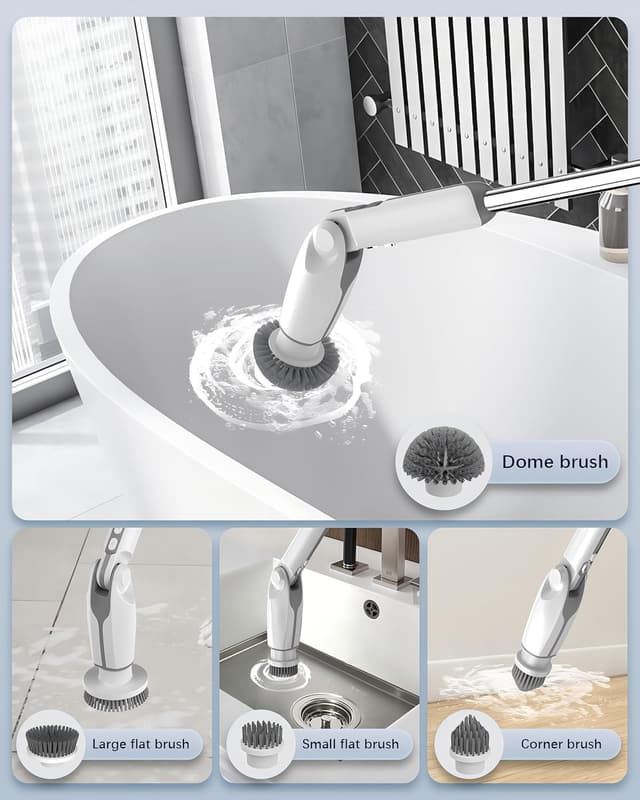 Detalle de Leebein Electric Spin Scrubber (YMG-820) with long handle, remote control and 8 replaceable brush heads
