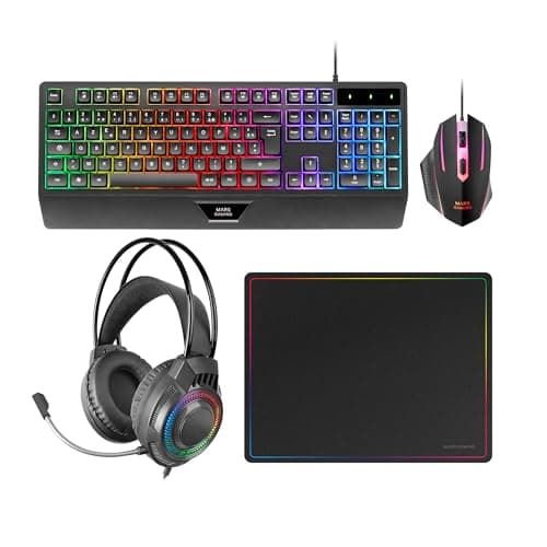 Detalle de Mars Gaming MCP124PRO (combo 4en1): teclado H-Mech RGB en español, ratón HUANO 3200DPI, auriculares FRGB y alfombrilla 36x26 cm