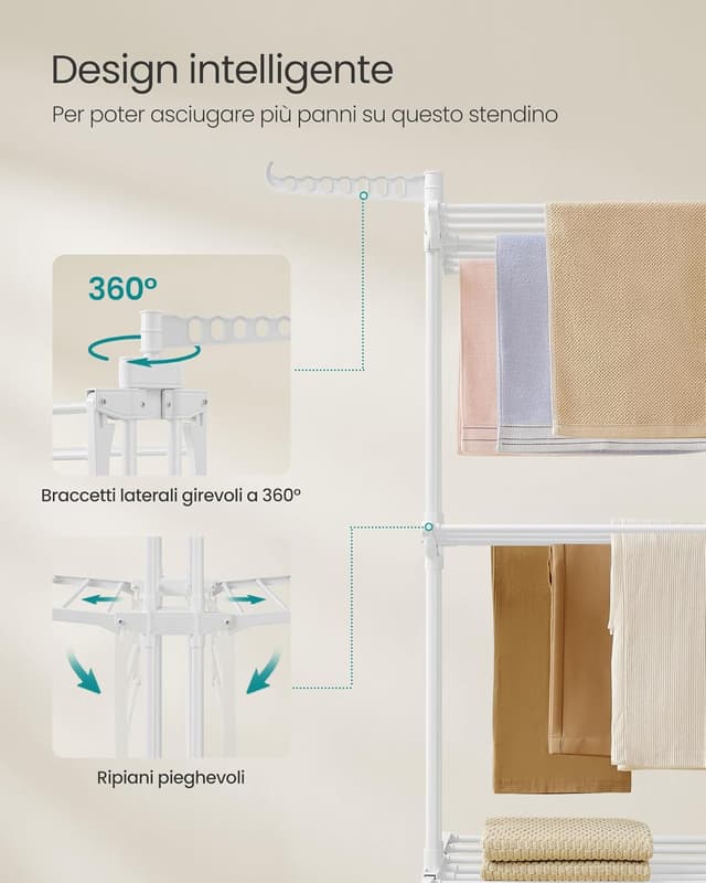 Detalle de SONGMICS LLR701W03 stendibiancheria pieghevole a 4 livelli con ruote e ali richiudibili