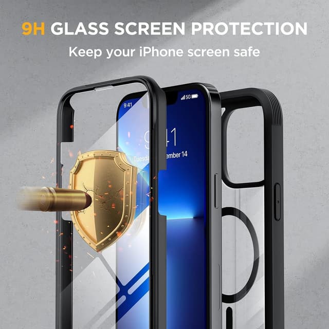 Detalle 2 de Miracase Magnetic Case for iPhone 13 Pro Max (6.7-inch) with built-in 9H tempered glass screen protector, clear back, MagSafe compatible (Black)