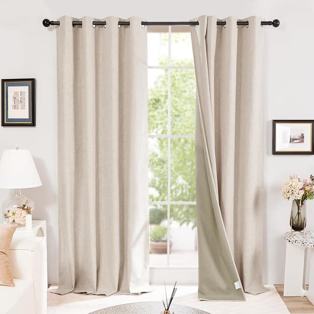 Detalle de Deconovo Total Blackout Faux Linen Eyelet Curtains (Pale Khaki) – 1 Pair, W66 x L72 inch