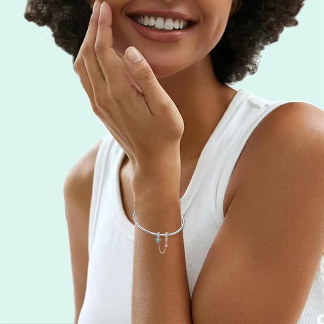 Detalle de LNQOBU Armband-Sicherheitskette aus 925er Sterlingsilber mit Herz-Charm und Silikon-Stopper (Clip-Bead, für Pandora-Armbänder)