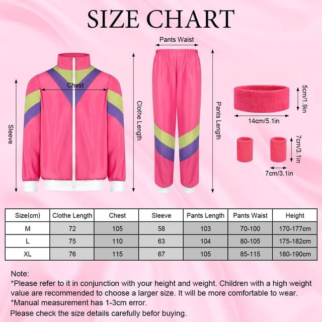 Detalle de Déguisement années 80 Aomig : survêtement disco rétro avec veste et pantalon (rose/rouge, taille M)