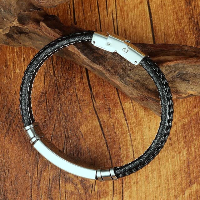 Detalle de Bracciale uomo ATEIELLI in pelle intrecciata e acciaio inox 316L: design Ancora Nautica o Infinito