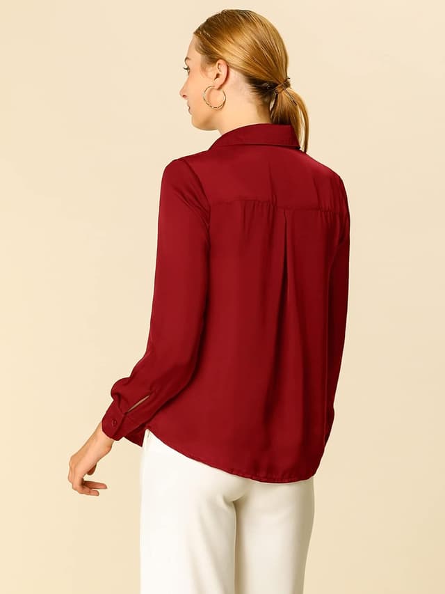 Detalle de Allegra K Damen Satin-Bluse mit V-Ausschnitt und Langarm