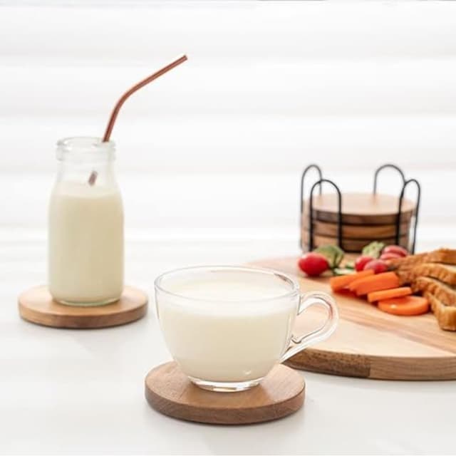 Detalle de WLWNWFT Acacia Wood Coasters Set of 6 with Holder (Black) – Round coasters with non-slip pads