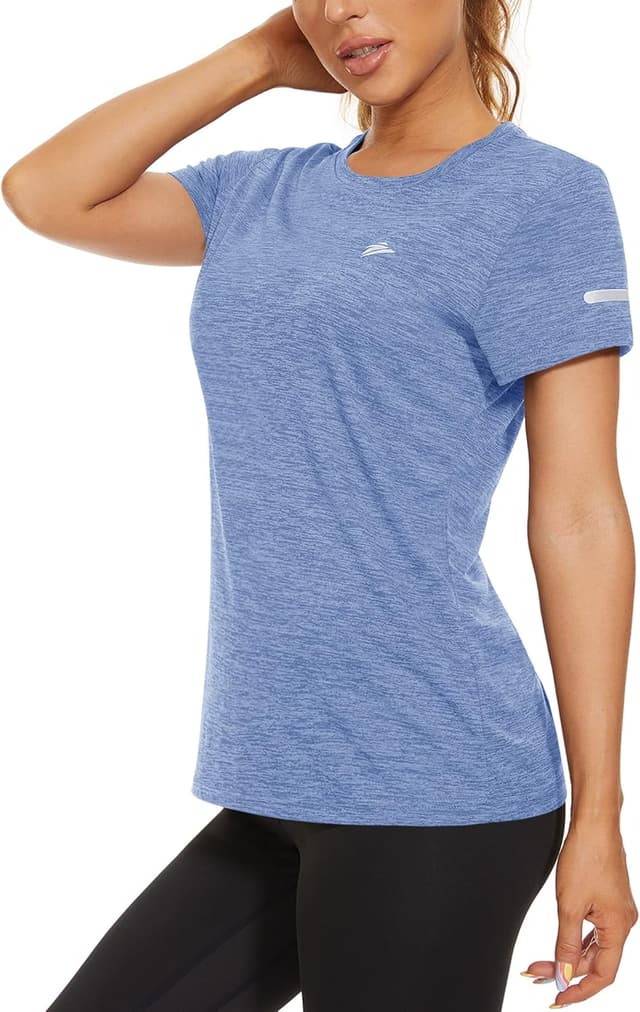 Detalle de KEFITEVD Ladies Short Sleeve Sport Top – Quick-Dry Running T-Shirt with Reflective Details