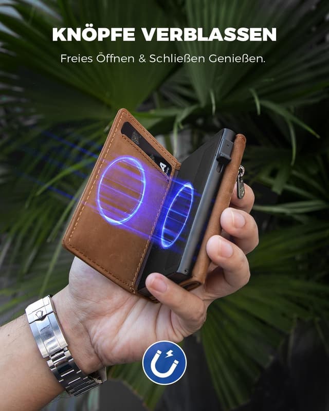 Detalle de DODENSHA MagSnap Portmonee Herren Slim-Wallet mit Münzfach, RFID-Schutz und Magnetverschluss (Vintage Braun) – für 10+ Karten