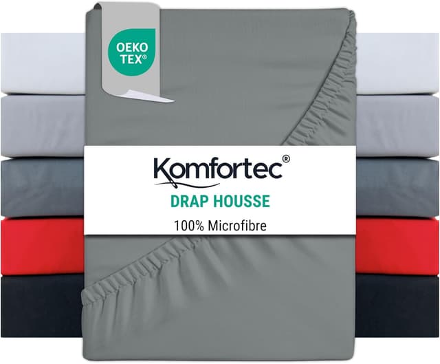 Detalle de Komfortec Drap housse 200x200 cm en microfibre brossée douce (bonnet 30 cm) gris