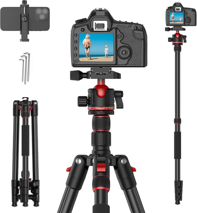 Detalle de XXZU 74” Camera Tripod (Aluminium) with 360° Ball Head, Quick Release Plate, Phone Holder – Tripod/Monopod