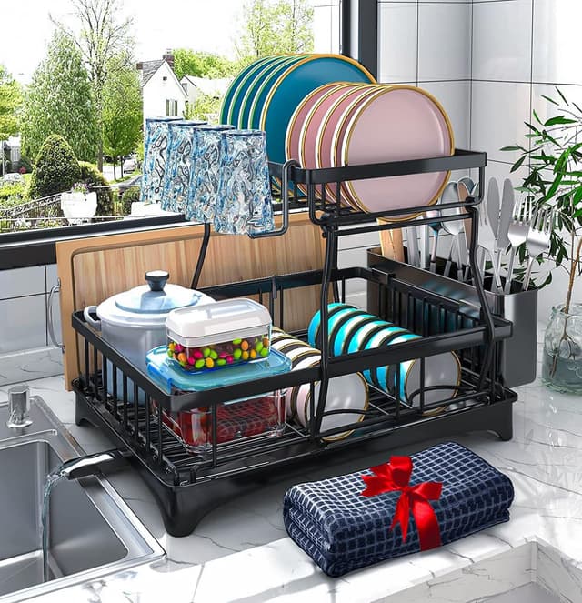 Detalle de Godboat 2-Tier Dish Drying Rack with Auto-Drain Tray and Mat (Kitchen Counter Dish Drainer)