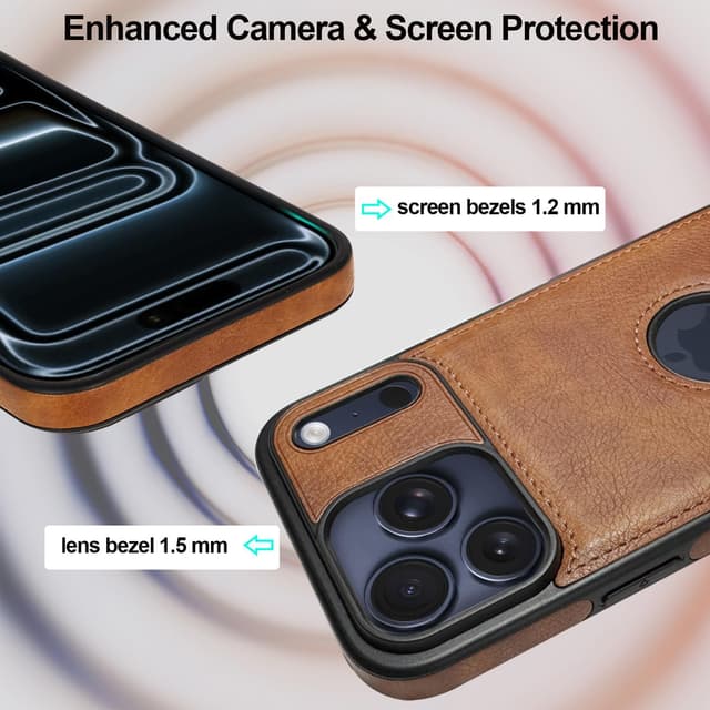 Detalle de KSELF Leather Case for iPhone 17 Pro Max (6.9") with Built-in Invisible Kickstand, Slim Protective PU Leather Case — Brown