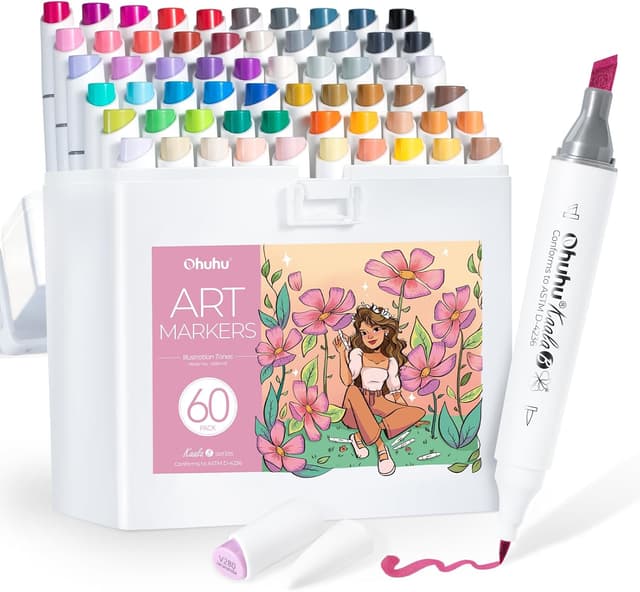 Detalle de Ohuhu Alkohol Marker Kaala B Serie – 60 + 1 Farben mit Mini-Pinsel & schlanker Doppelspitze, nachfüllbar