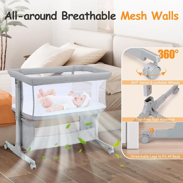 Detalle 2 de Growaystory Beistellbett Baby (Co-Sleeper) mit Rädern, 7-fach höhenverstellbar – Hellgrau