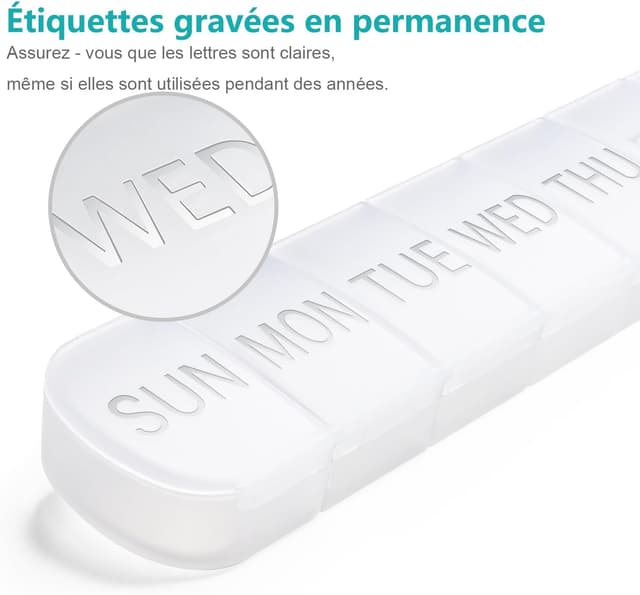 Detalle 2 de FHORAIN pilulier hebdomadaire 7 jours avec grande boîte et étiquettes des jours gravées