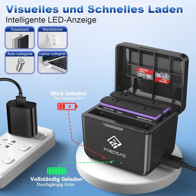 Detalle de POEOSAS 360 X4 Akku für Insta360 X4 – 2er-Set 2500 mAh + 3-Kanal USB‑C Schnellladegerät