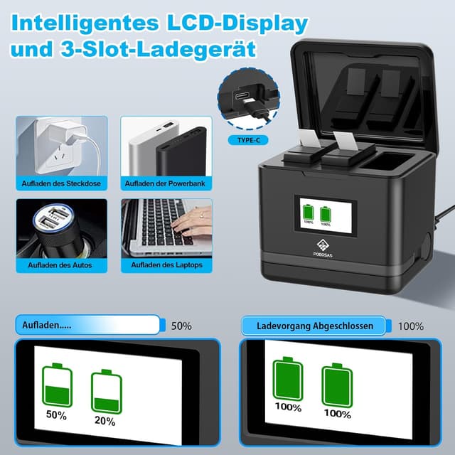 Detalle de POEOSAS 360 Ace Pro Ersatzakku-Set (2er-Pack) mit 3-Slot LCD-Ladegerät für insta360 Ace Pro/Ace Pro
