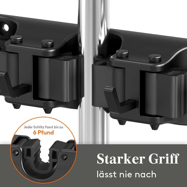 Detalle 2 de Lifewit Besenhalterung Wand (2er-Set) mit Anti-Rutsch-Griff, 10 Schlitze & 6 Haken pro Halter, schwarz