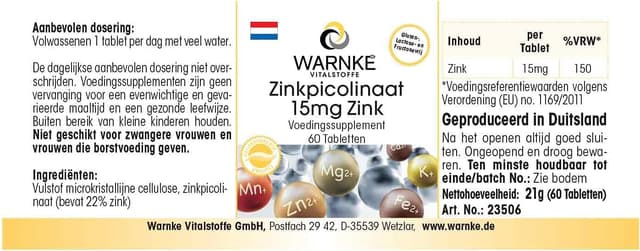 Thumbnail 6 de Warnke Vitalstoffe Picolinato de Zinc 15mg 60 comprimidos Calidad alemana 💊