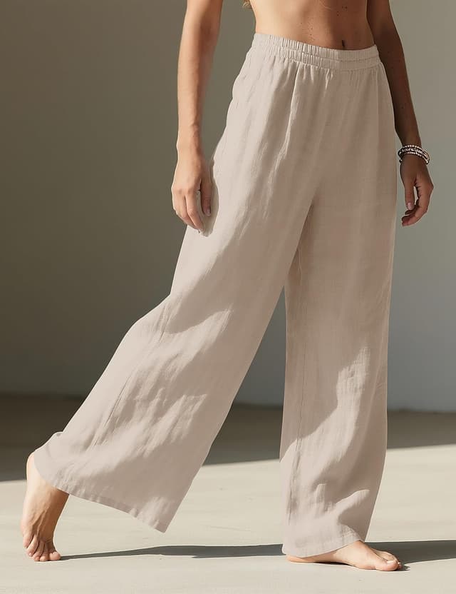 Detalle de Rapbin Damen-Leinenhose mit weitem Bein, Sommerhose im Palazzo-Stil und Taschen