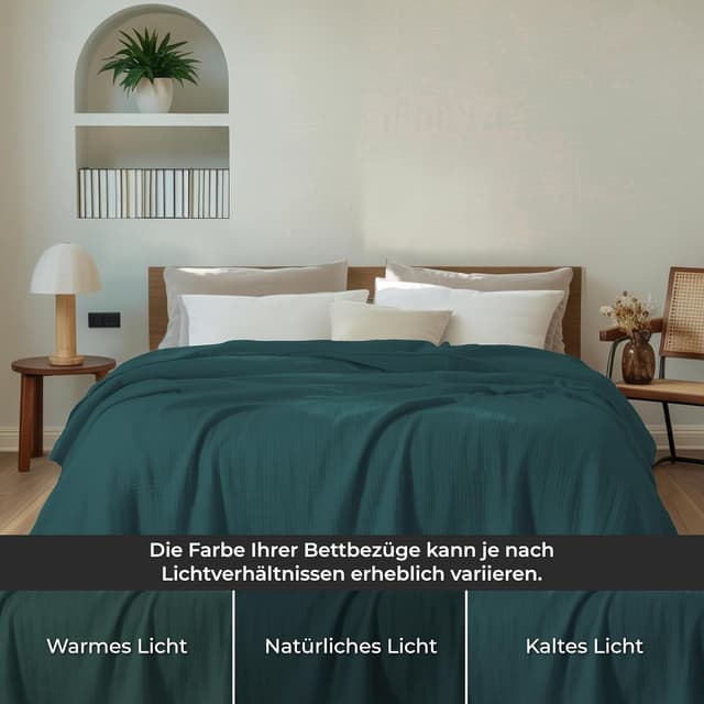 Detalle 2 de Dreamzie Musselin Tagesdecke 150x200 cm (Baumwolle, Oeko-Tex zertifiziert) – Petrolgrün