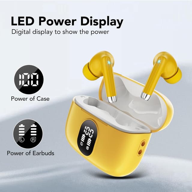 Detalle de QXQ Bluetooth Kopfhörer (Sport In-Ear) mit 4 ENC Mikrofonen, 40 Std Laufzeit und LED-Anzeige – Gelb