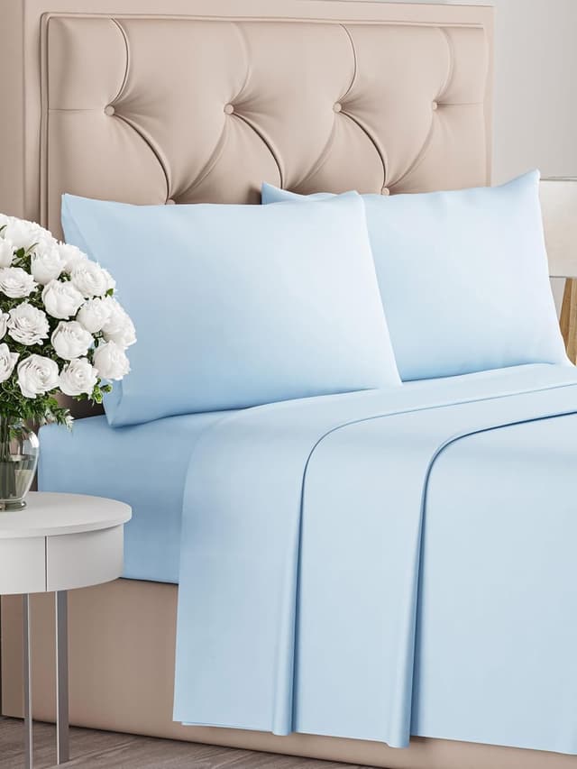 Detalle de Ensemble de draps 4 pièces bleu clair pour matelas jusqu’à 35 cm (drap plat, drap-housse 135x190 et 2 taies 50x80)