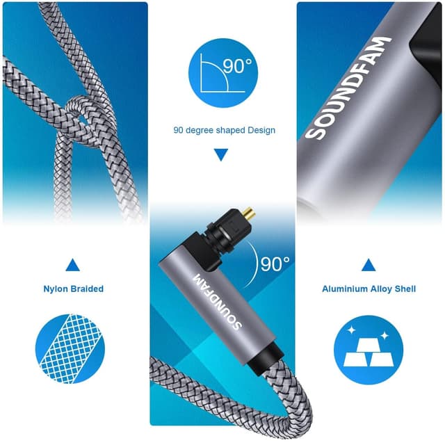 Detalle de SOUNDFAM 90-Grad optisches Kabel 3 m (Toslink) mit rechtwinkligem Anschluss – für Samsung TV, Soundbar & AV-Receiver