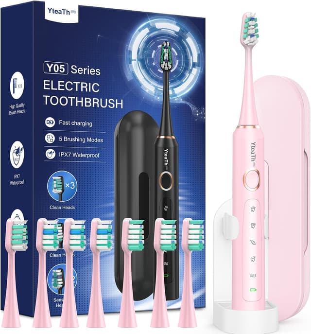 Detalle de Brosse à dents électrique sonique pour dents sensibles (adultes & enfants) Rose Bonbon — 5 modes, 8 têtes et étui de voyage, IPX7
