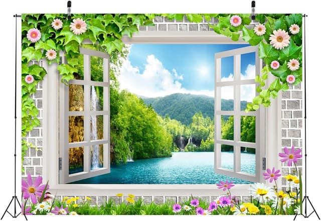 Detalle de CORFOTO 7x5ft Fabric Window View Mountains Photography Backdrop for Kids, Parties & Home Decor