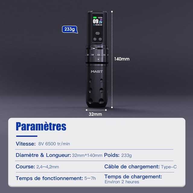 Thumbnail 6 de Mast Fold2 Pro Kit de tatouage sans fil rotatif (RCA) avec 2 batteries 2000 mAh