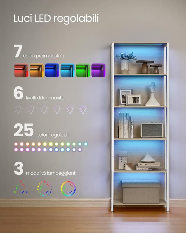 Thumbnail 3 de VASAGLE scaffale a 6 ripiani con luci LED dimmerabili LLS120LL01, beige naturale