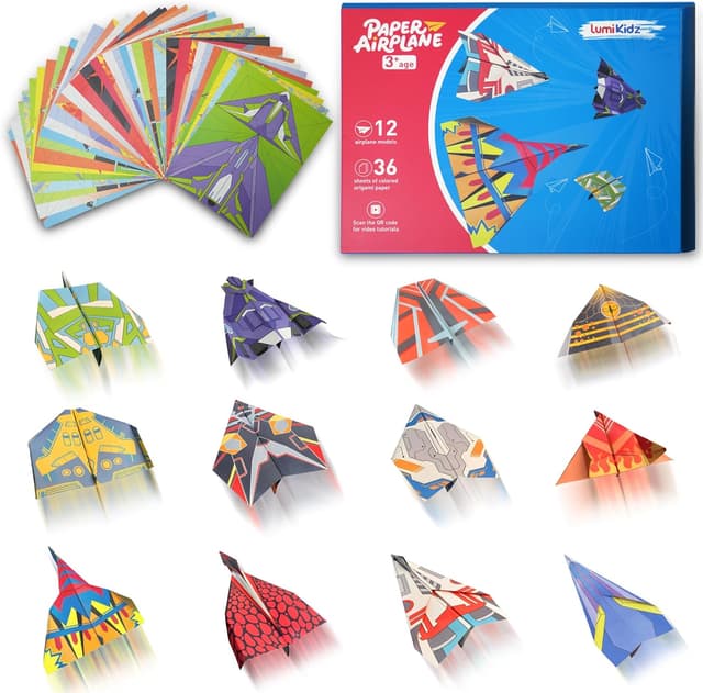 Detalle de Lumikidz Paper Airplane Origami Kit for Kids (Ages 8–12) — 12 Designs & 36 Colorful Origami Papers