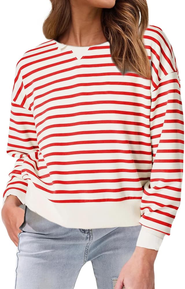 Detalle 2 de Glamaker Women’s Striped Crewneck Sweatshirt Pullover (Cropped, Loose Fit)