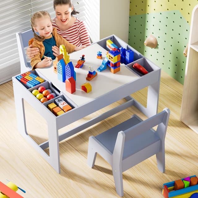 Thumbnail 6 de Clevich Kindersitzgruppe mit Stauraum, Kindertisch mit 2 Stühlen, Kinder Tisch Stuhl Set mit wendbarer Tischplatte, Packung mit 2 Stühlen, Kinderschreibtisch für Kindertagesstätte, ab 3 Jahren, BlauClevich Kindersitzgruppe mit Stauraum, Kindertisch…