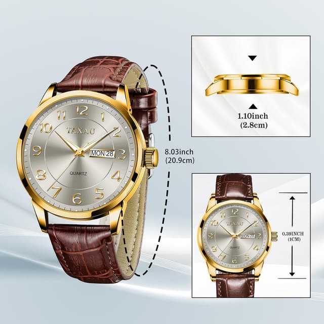 Detalle de Taxau Herren Quarzuhr mit Doppelkalender, Tag-Datum und 30 m wasserdichtem Lederarmband