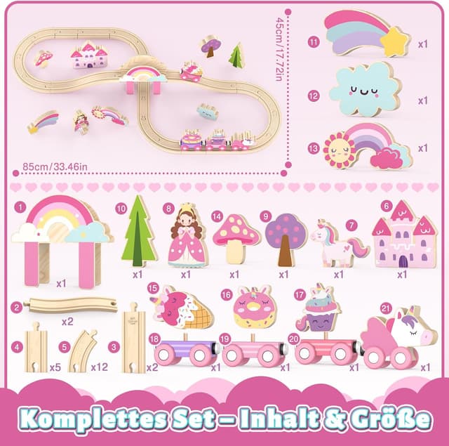 Thumbnail 6 de Lehoo Castle Holzeisenbahn für Mädchen – Einhorn-Feen-Holzeisenbahn, 38-teiliges Set ab 3 Jahren (rosa)