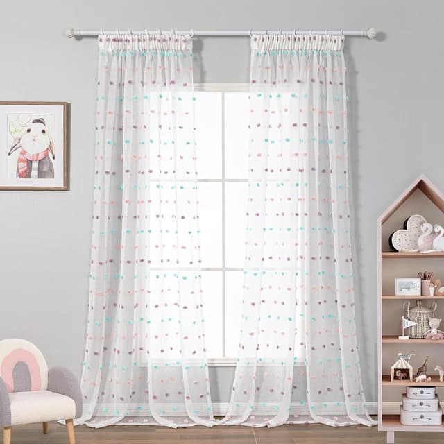 Detalle de MYSKY HOME Vorhänge mit Kräuselband (2er-Set) für Kinderzimmer Mädchen, transparent mit Stickerei, H 260 x B 140 cm, farbig