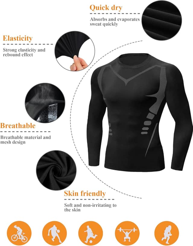 Detalle de Terecey T-Shirt Compression Homme à manches longues : séchage rapide et maintien musculaire